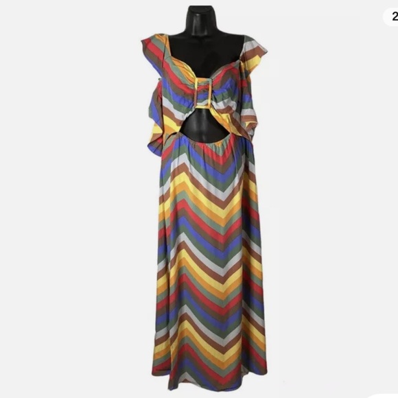 NWT Eloquii Size 20 Ruffle Strap Chevron Printed Midi Dress - Picture 3 of 5